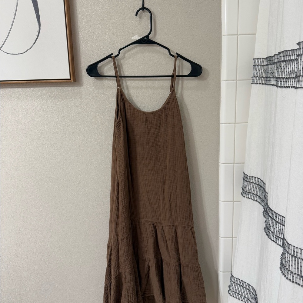 DREW Brown Ruffled Tiered Midi Sundress